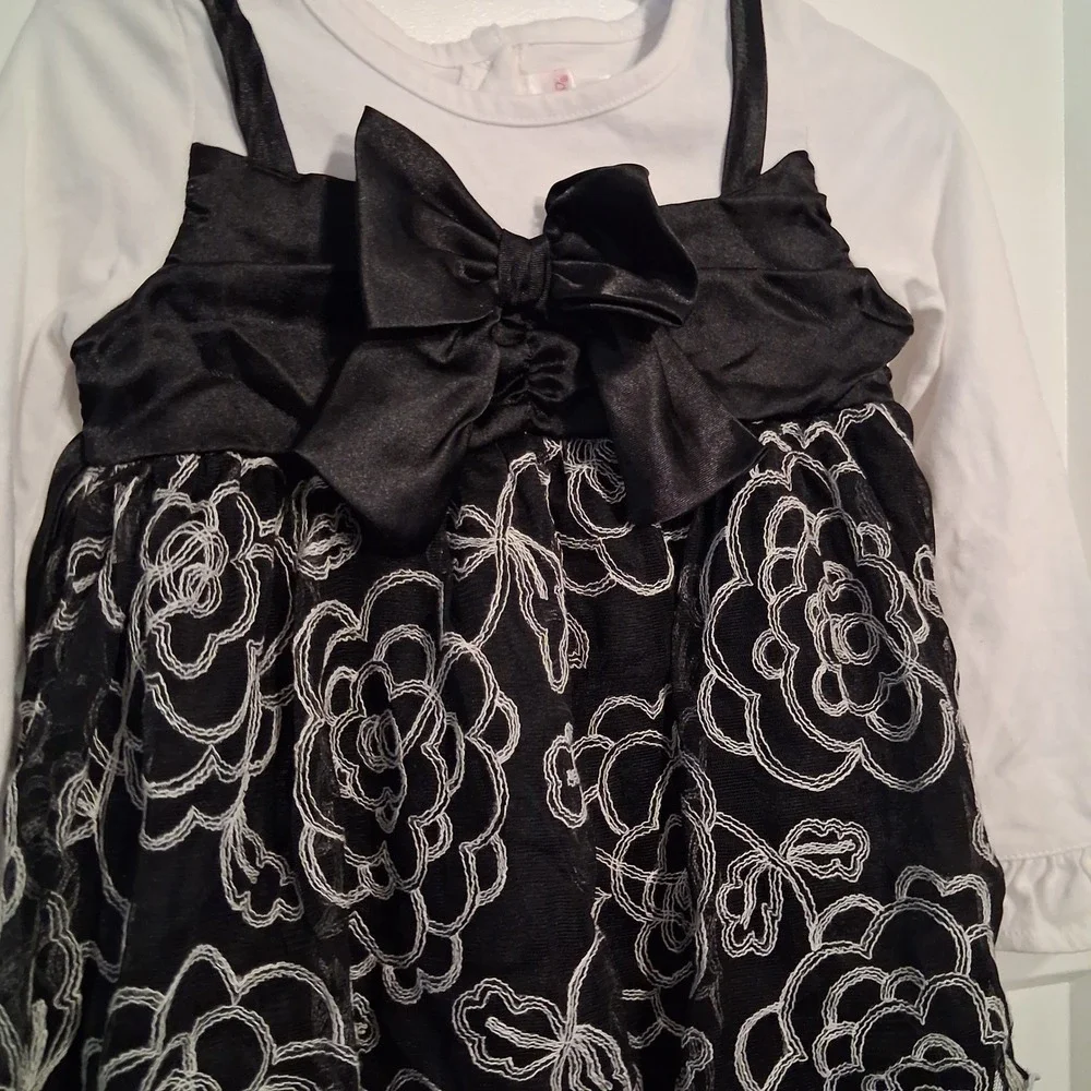 Youngland Toddler Girls 4T Black White Floral Embroidered Dress Long Sleeve Bow
